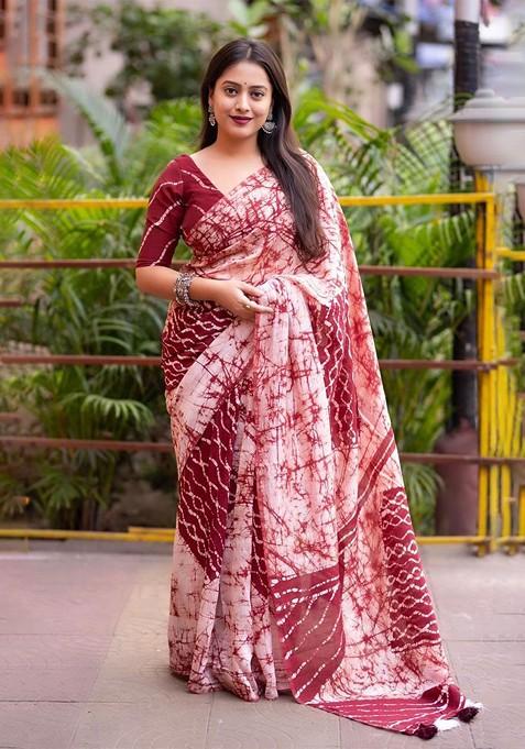 Red Printed Blended Saree Set