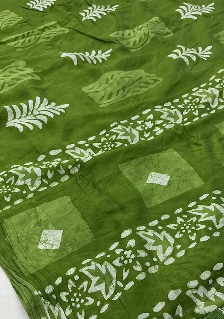 Green Printed Blended Saree Set - Indya