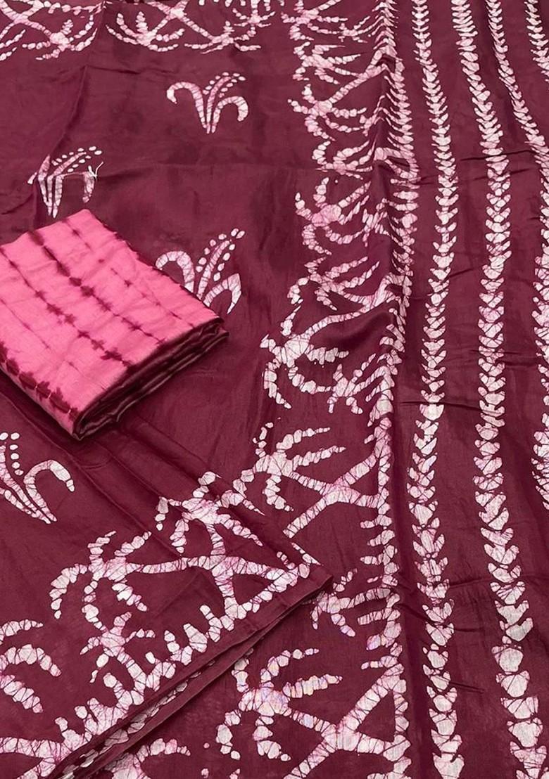 Maroon Printed Blended Saree Set - Indya