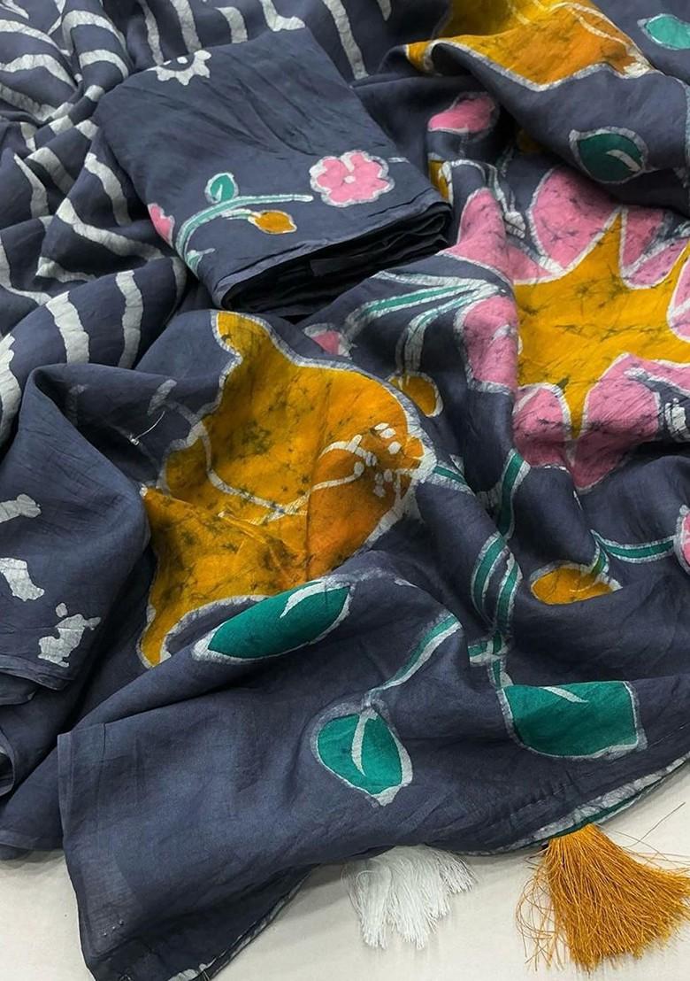 Blue Printed Blended Saree Set - Indya