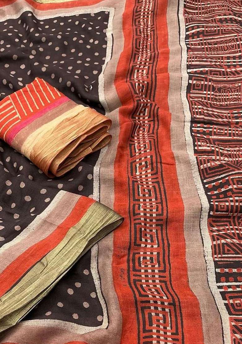 Brown Zari Printed Blended Saree Set for Diwali and Festive Wear - Indya