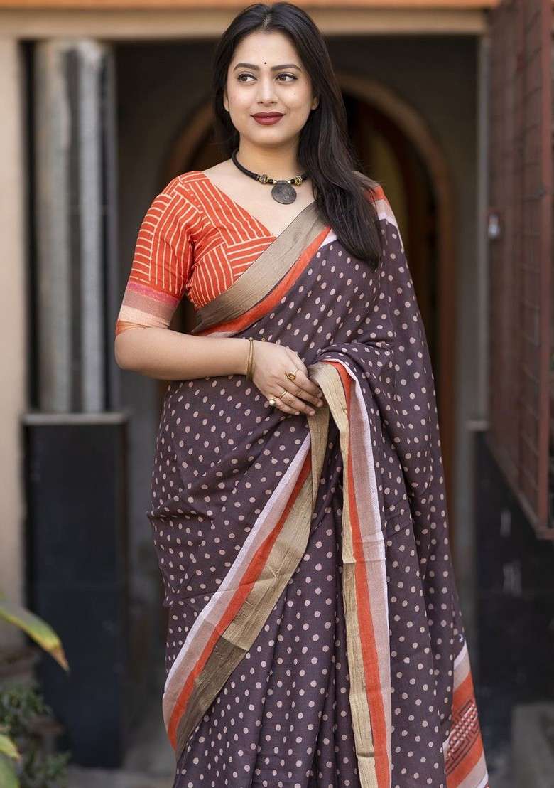 Brown Zari Printed Blended Saree Set for Diwali and Festive Wear - Indya