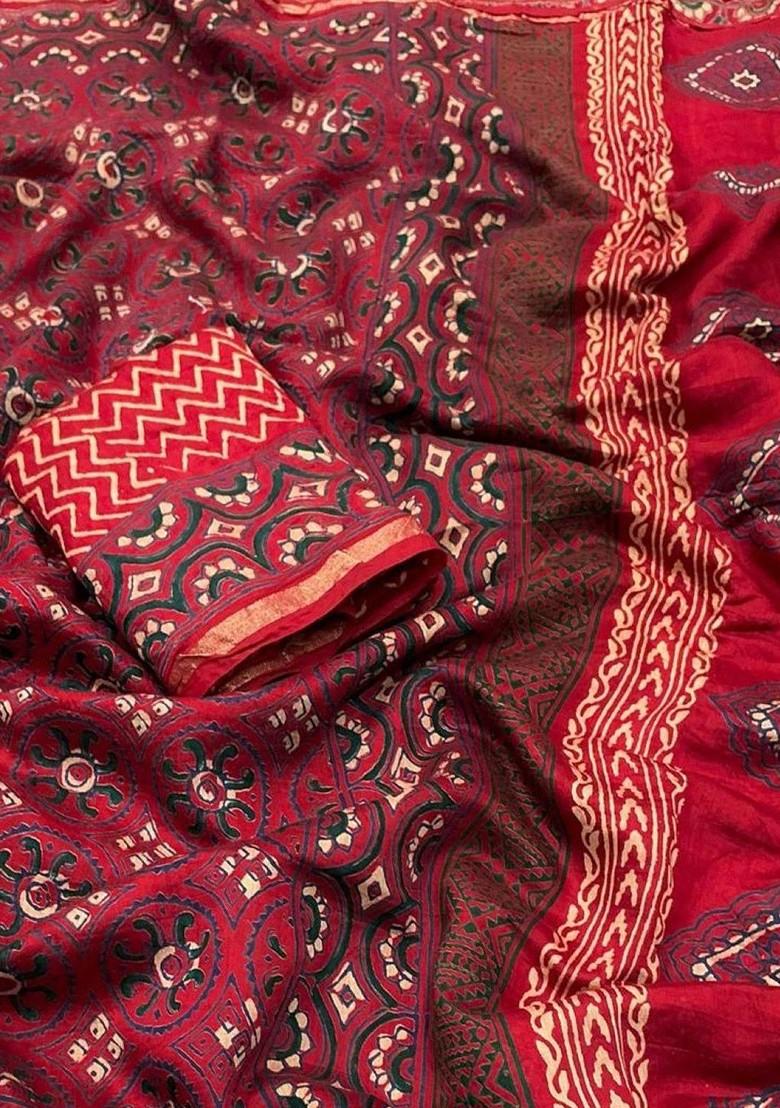 Red Zari Printed Blended Saree Set - Indya