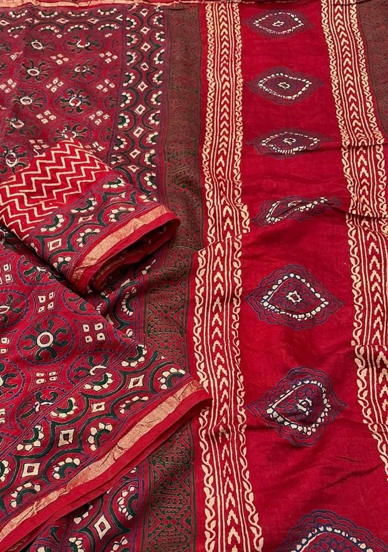 Red Zari Printed Blended Saree Set - Indya