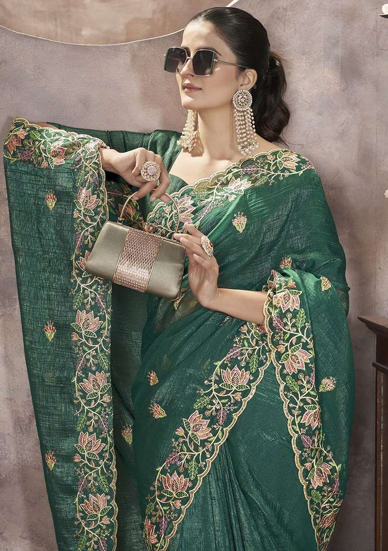 Green Blended Saree Set with Embroidered for Diwali | Wedding & Festive Wear - Indya