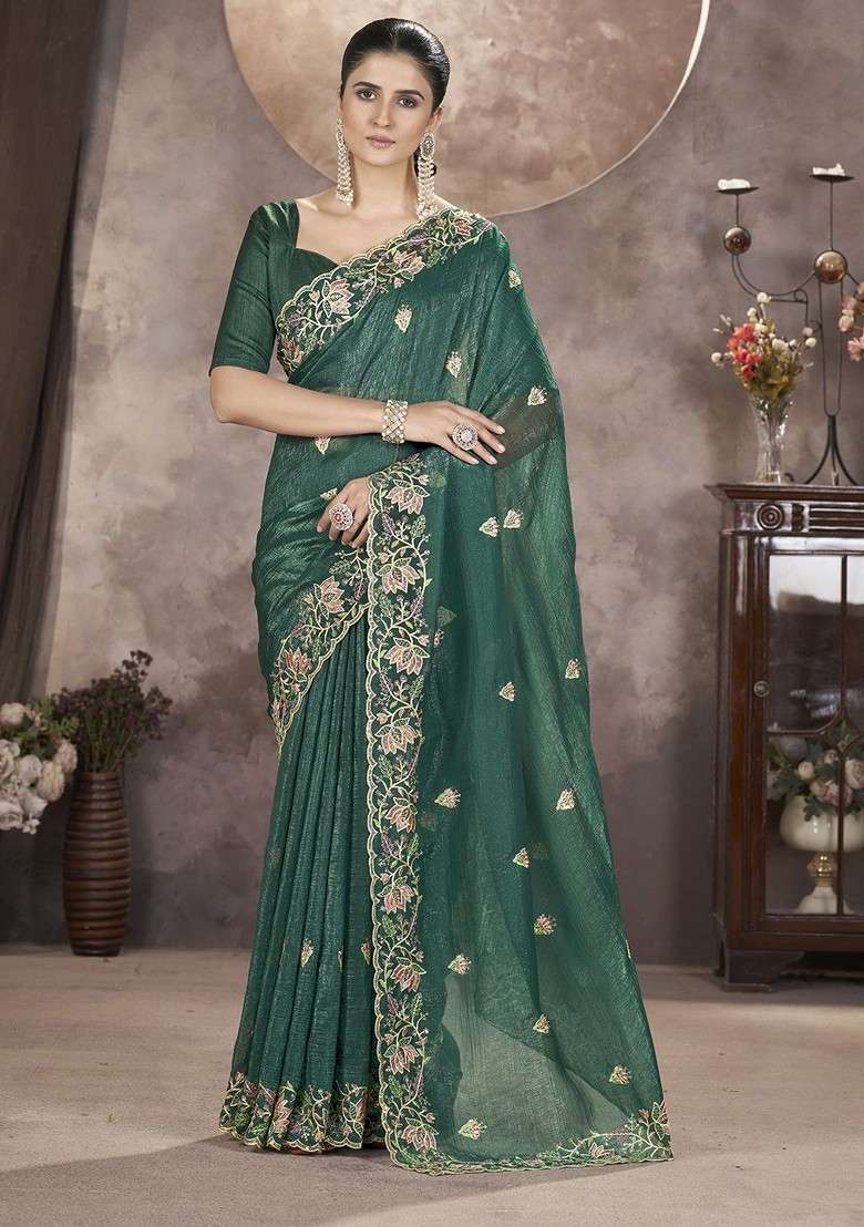 Green Blended Saree Set with Embroidered for Diwali | Wedding & Festive Wear - Indya