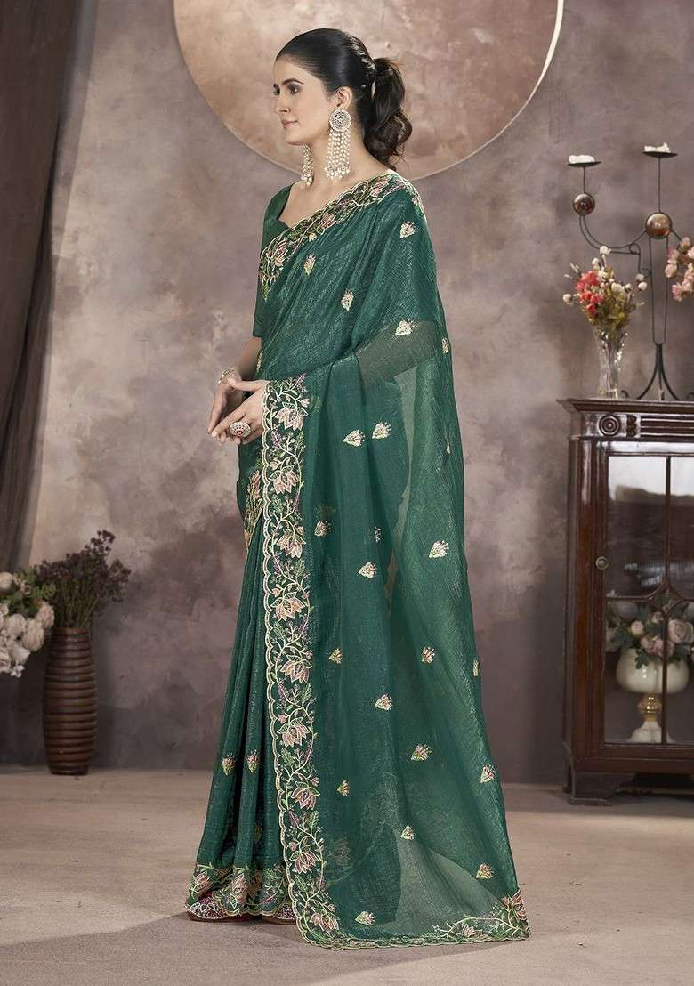 Green Blended Saree Set with Embroidered for Diwali | Wedding & Festive Wear - Indya
