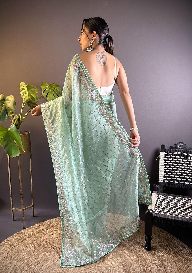 Green Embroidered Blended Saree Set - Indya