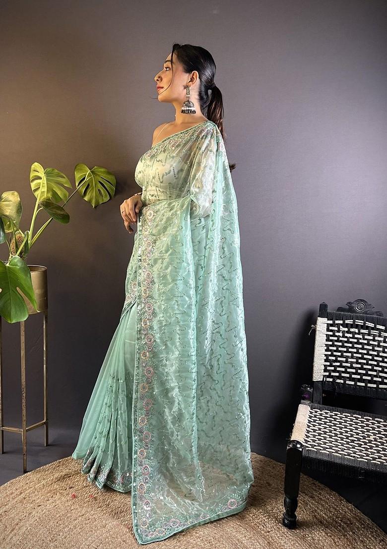 Green Embroidered Blended Saree Set - Indya