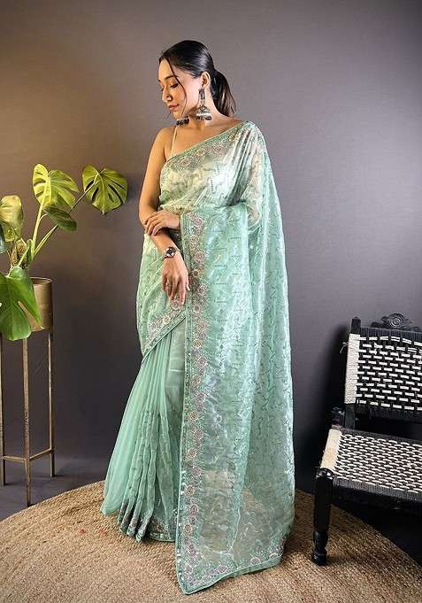 Green Blended Saree Set with Embroidered for Diwali | Wedding & Festive Wear