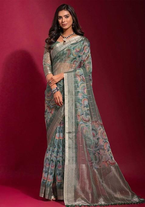 Green Zari Printed Blended Saree Set