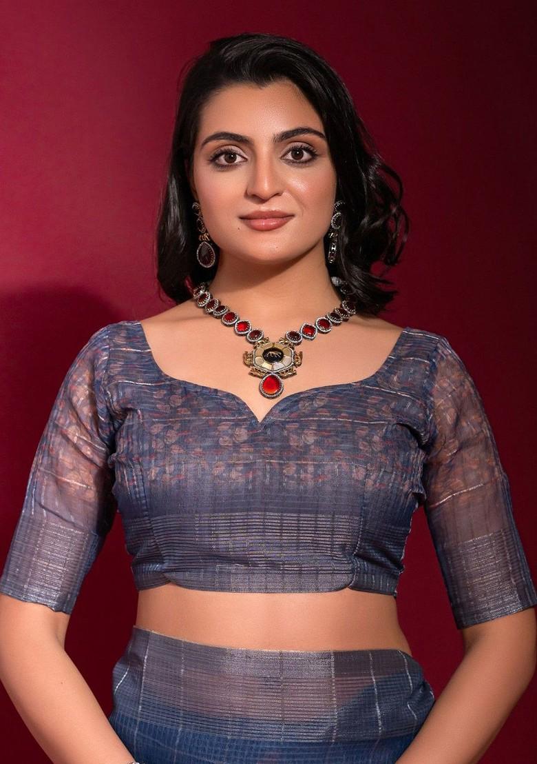 Blue Zari Printed Blended Saree Set - Indya