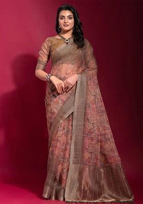 Beige Floral Print Blended Saree Set