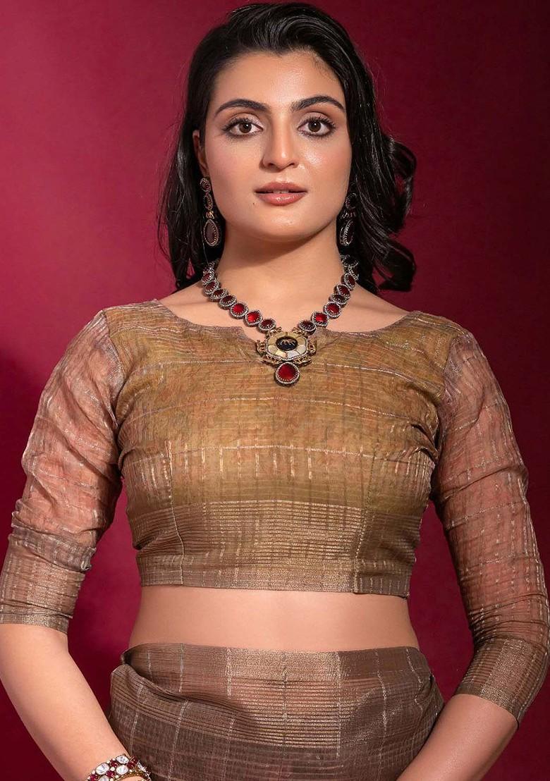 Beige Floral Print Blended Saree Set - Indya