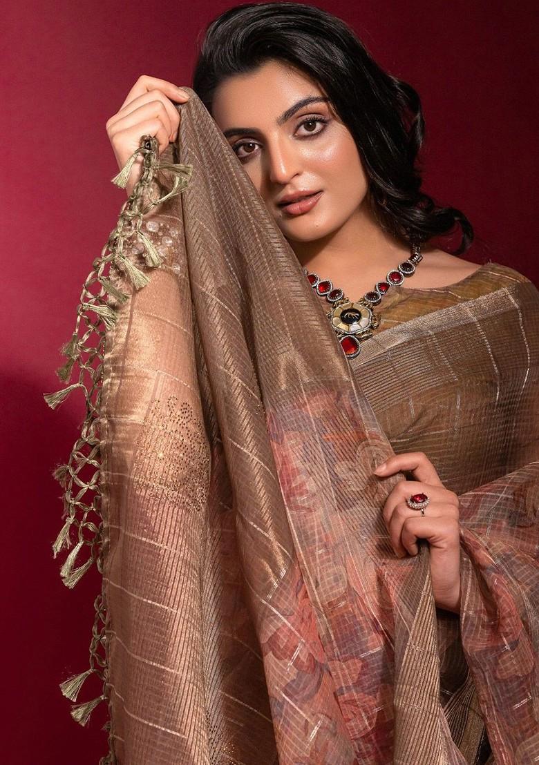 Beige Floral Print Blended Saree Set - Indya