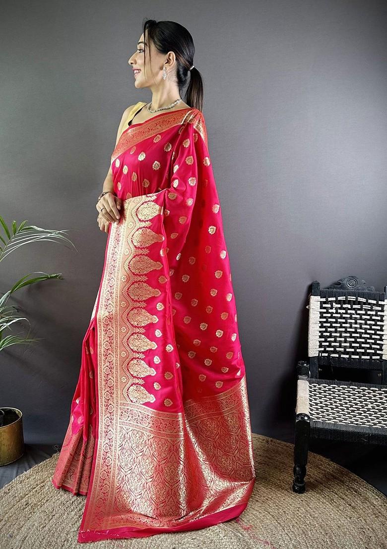 Pink Zari Printed Blended Saree Set - Indya