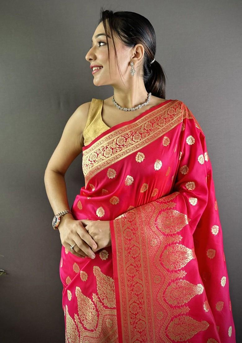 Pink Zari Printed Blended Saree Set - Indya