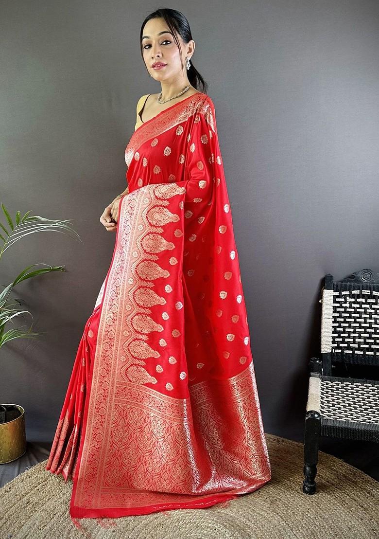 Red Zari Printed Blended Saree Set - Indya