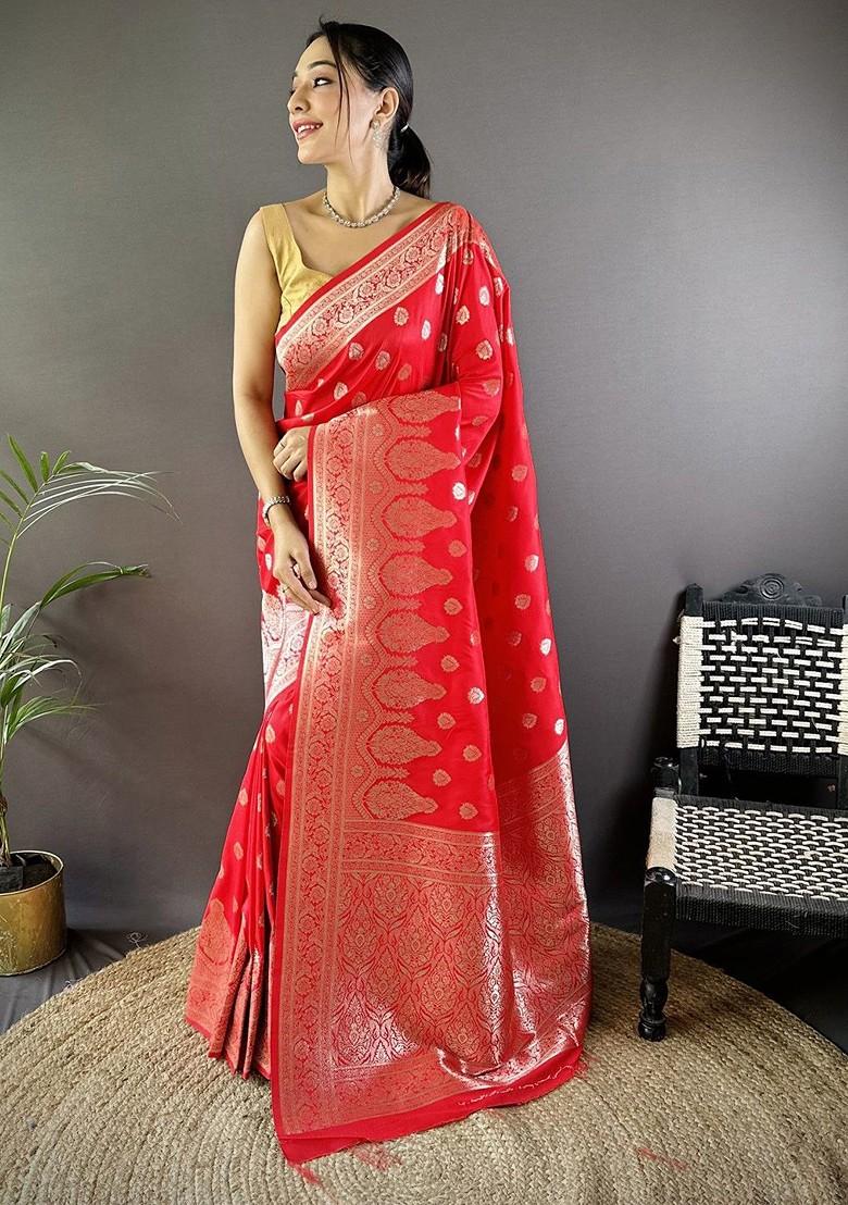 Red Zari Printed Blended Saree Set - Indya