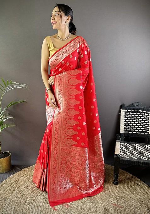 Red Zari Printed Blended Saree Set