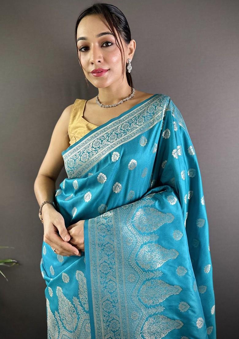 Blue Zari Printed Blended Saree Set - Indya