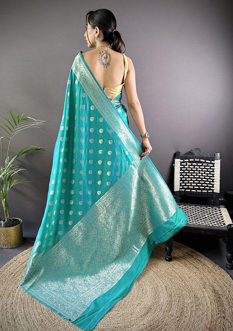 Teal Zari Printed Blended Saree Set - Indya