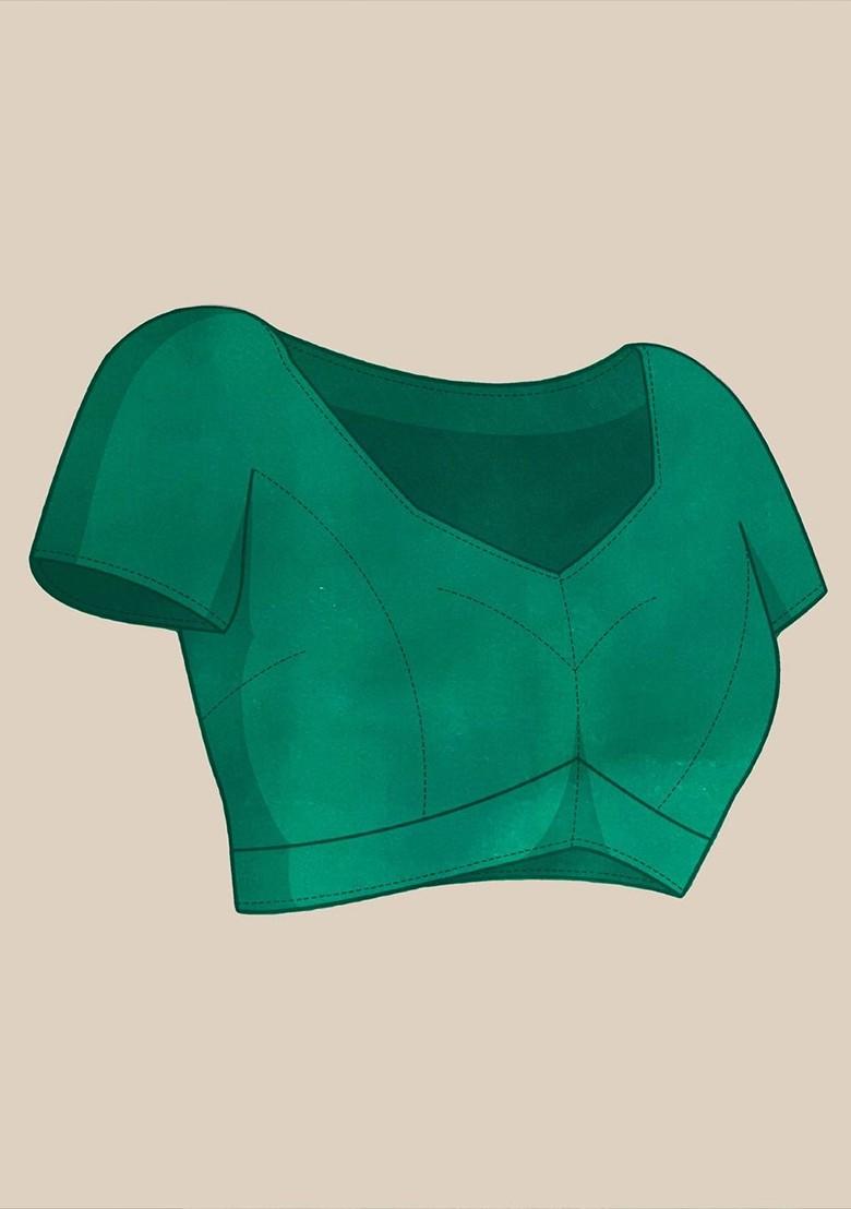 Teal Zari Printed Blended Saree Set - Indya