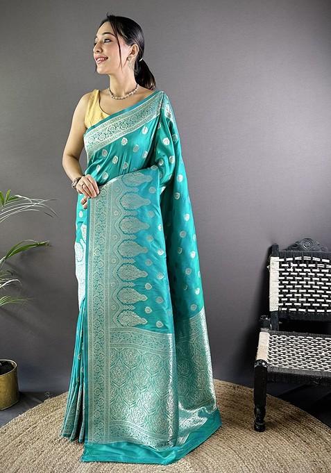 Teal Zari Printed Blended Saree Set