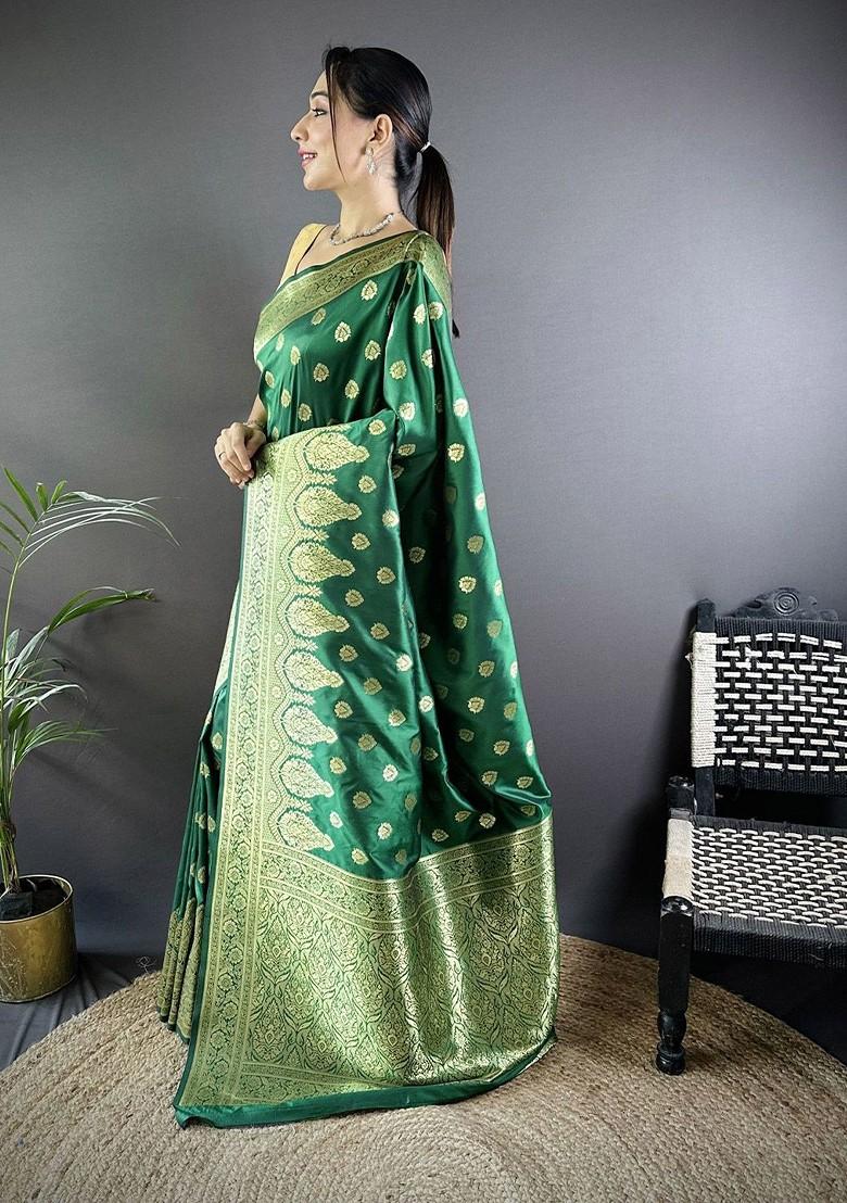 Green Zari Printed Blended Saree Set - Indya
