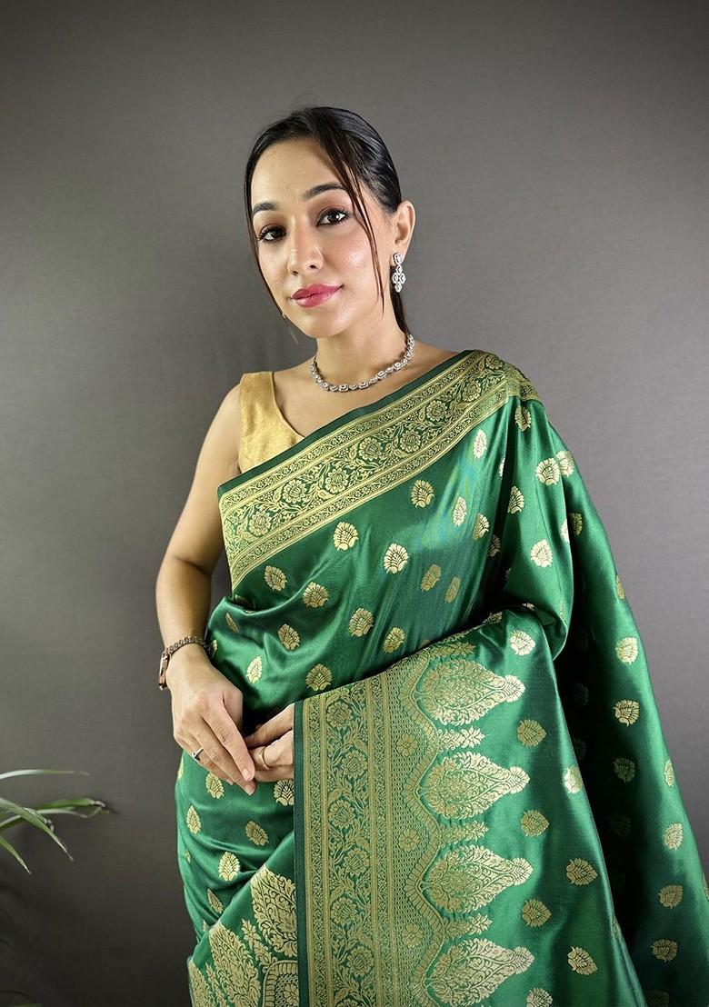 Green Zari Printed Blended Saree Set - Indya