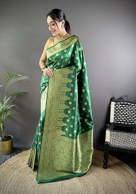 Green Zari Printed Blended Saree Set