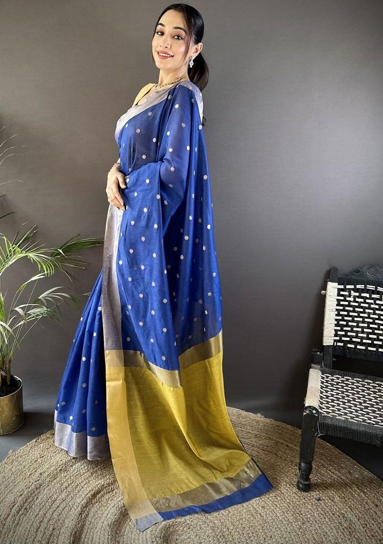 Blue Zari Printed Blended Saree Set - Indya