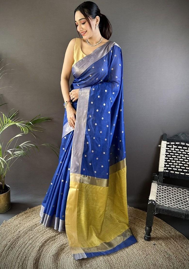 Blue Zari Printed Blended Saree Set - Indya
