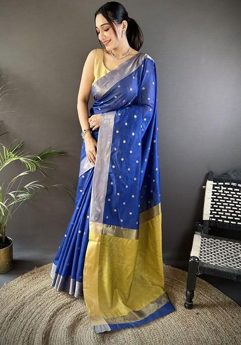Blue Zari Printed Blended Saree Set