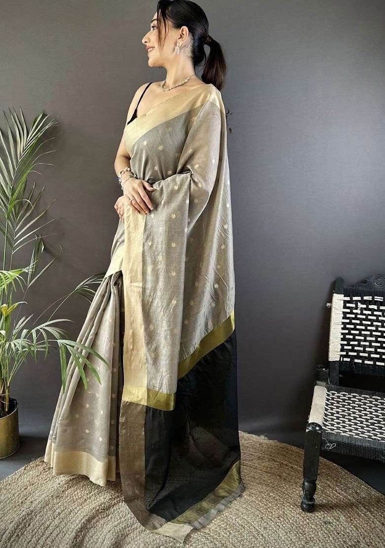 Grey Zari Printed Blended Saree Set for Diwali and Festive Wear - Indya