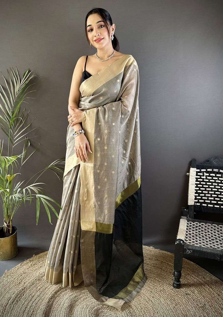 Grey Zari Printed Blended Saree Set for Diwali and Festive Wear - Indya