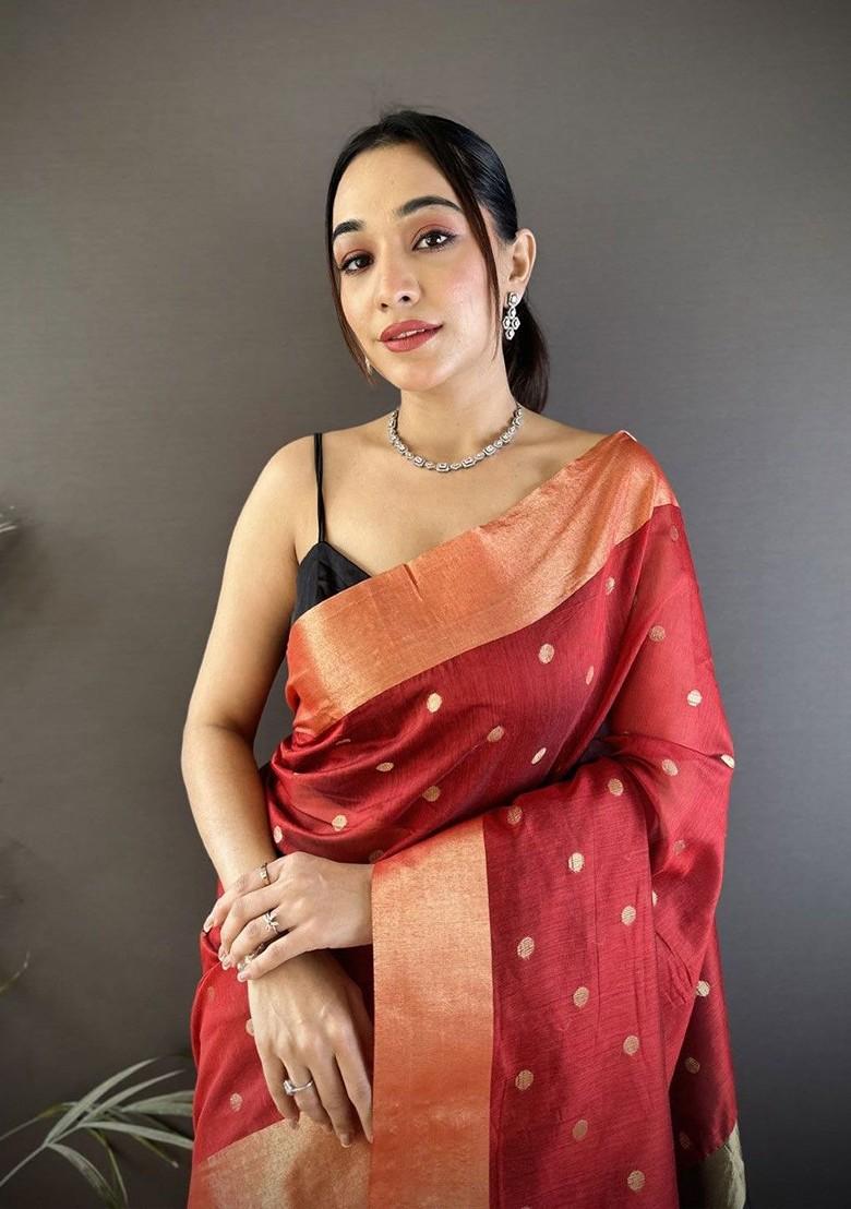 Red Zari Printed Blended Saree Set - Indya