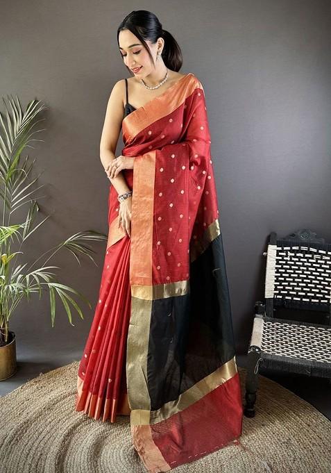 Red Zari Printed Blended Saree Set
