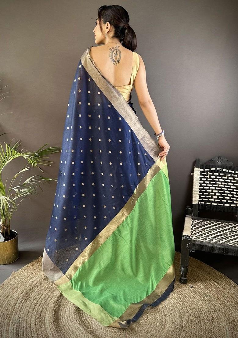 Blue Zari Printed Blended Saree Set - Indya