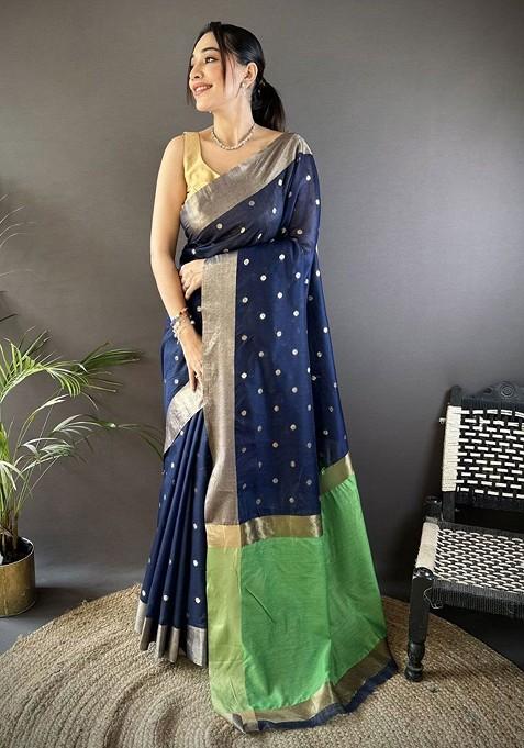 Blue Zari Printed Blended Saree Set