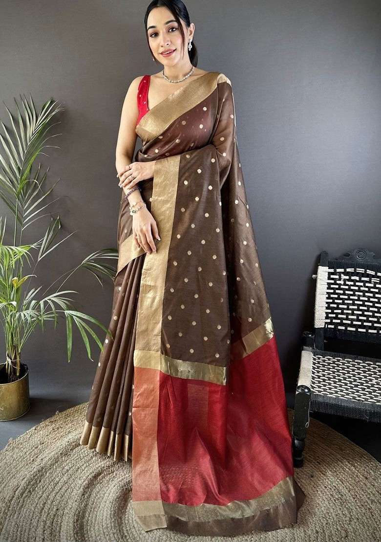 Brown Zari Printed Blended Saree Set for Diwali and Festive Wear - Indya