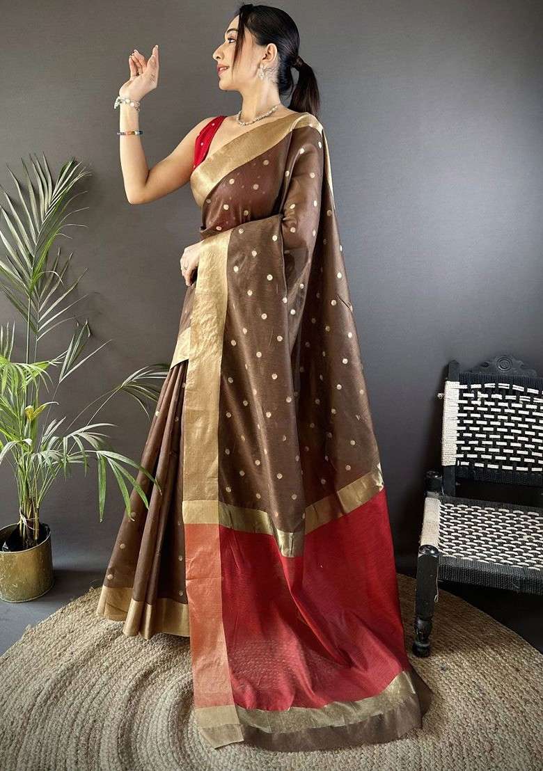 Brown Zari Printed Blended Saree Set for Diwali and Festive Wear - Indya