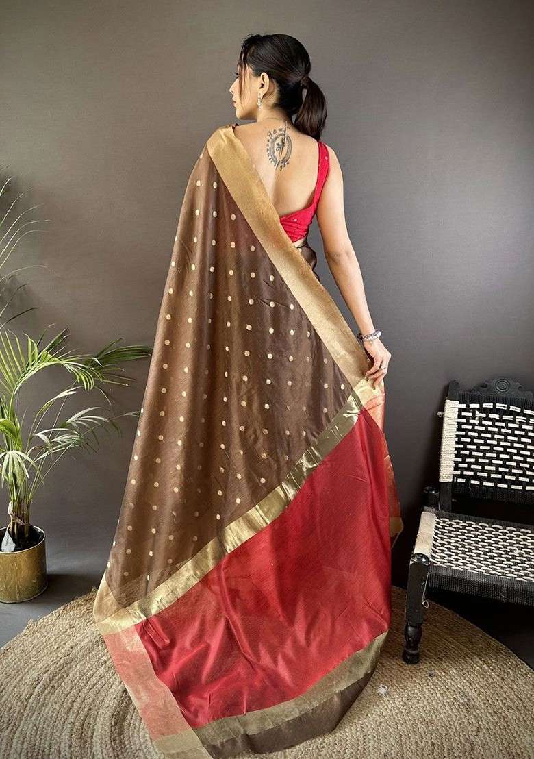 Brown Zari Printed Blended Saree Set for Diwali and Festive Wear - Indya