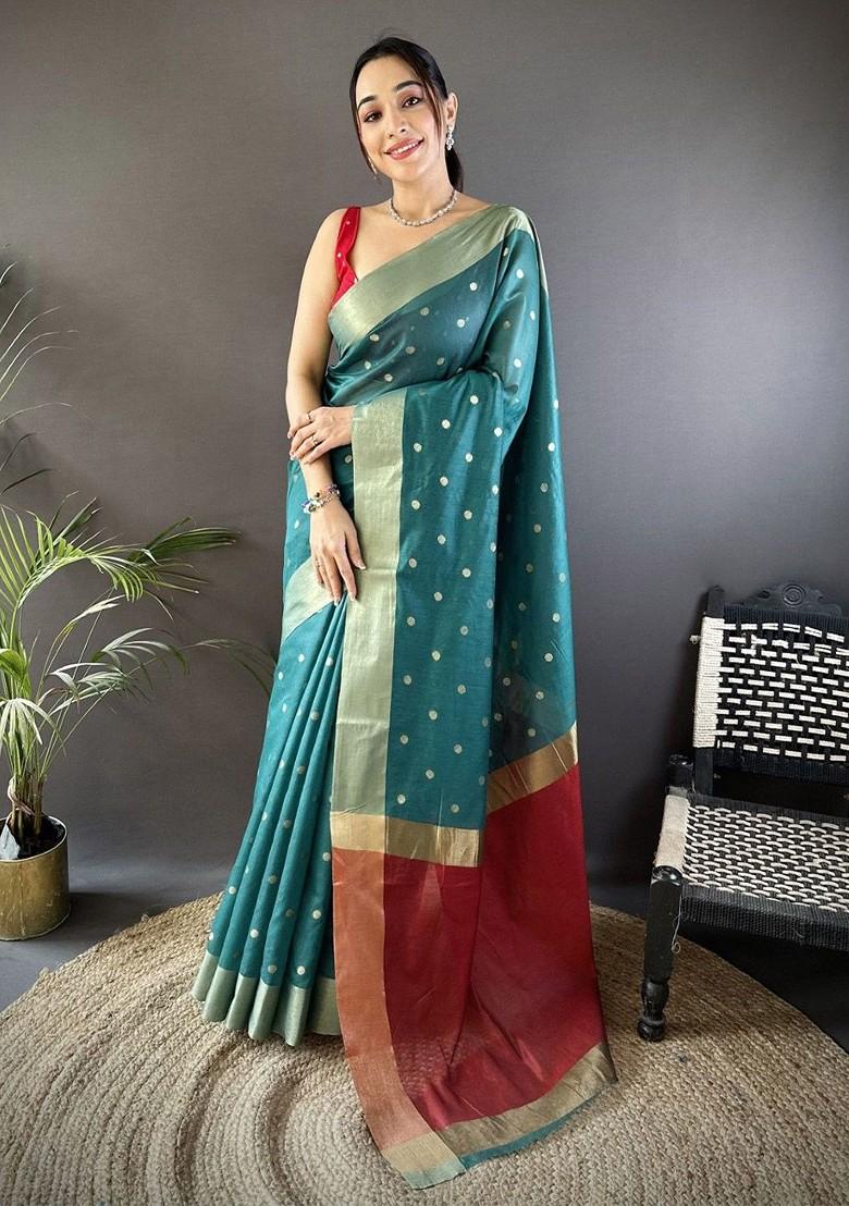 Teal Zari Printed Blended Saree Set - Indya