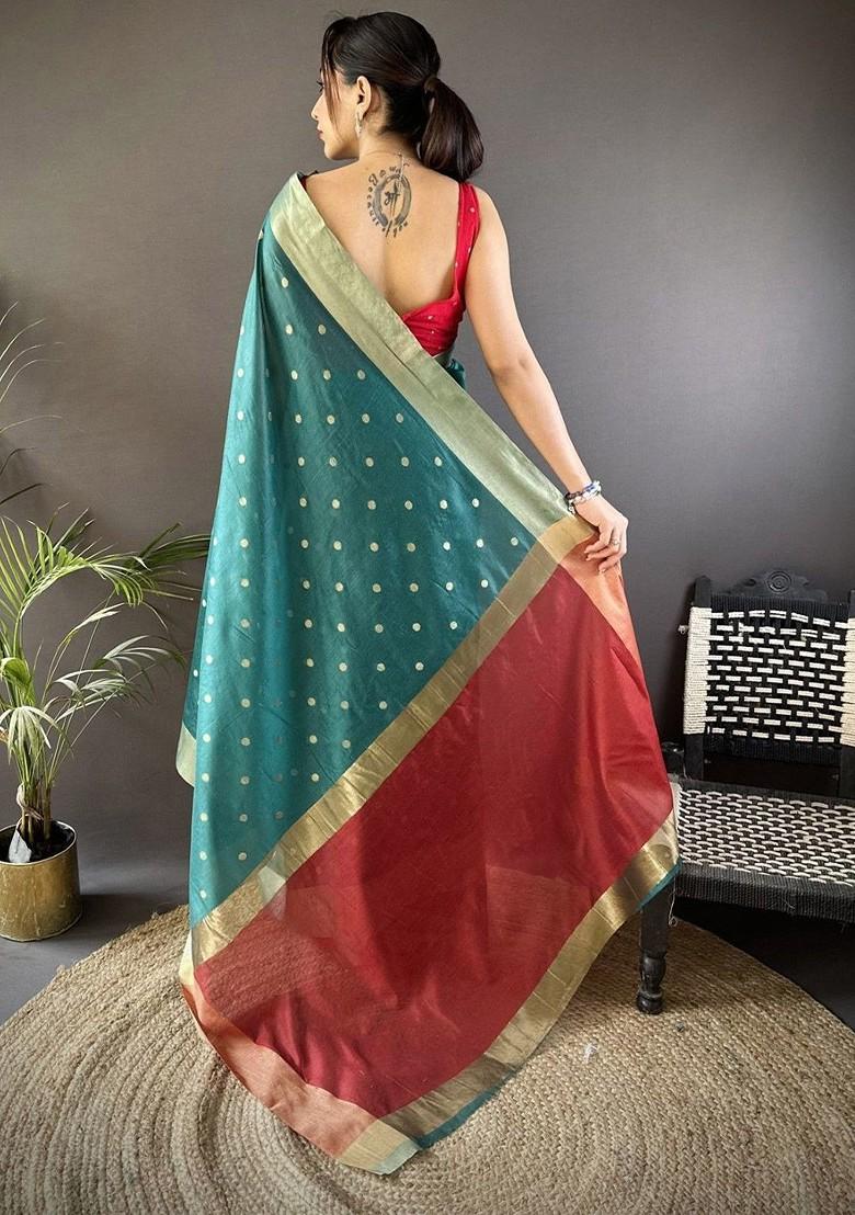 Teal Zari Printed Blended Saree Set - Indya
