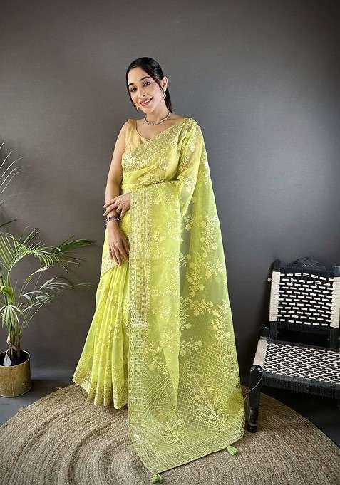 Green Embroidered Blended Saree Set for Diwali and Festive Wear
