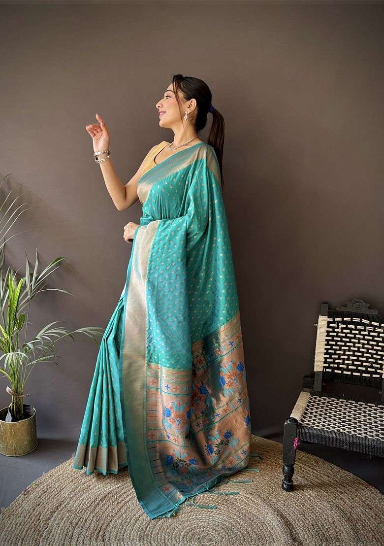 Blue Zari Printed Blended Saree Set - Indya