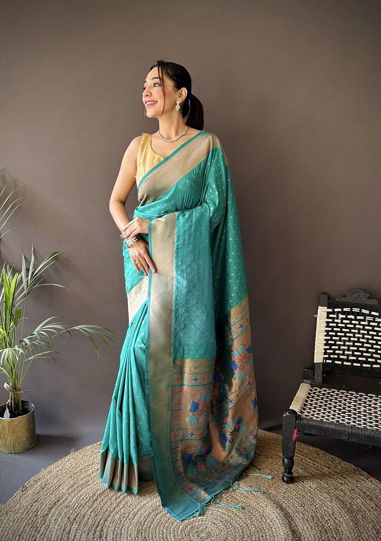 Blue Zari Printed Blended Saree Set - Indya