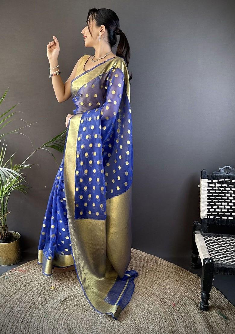 Blue Zari Printed Blended Saree Set - Indya