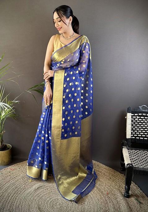 Blue Zari Printed Blended Saree Set